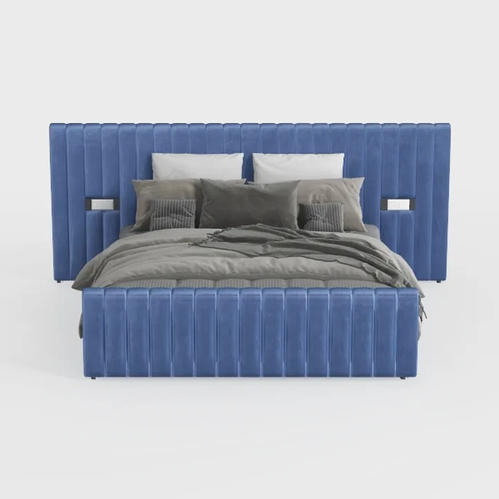 Modern Blue Velvet Upholstered King Size Bed With Built In Side Lights 3D Model
