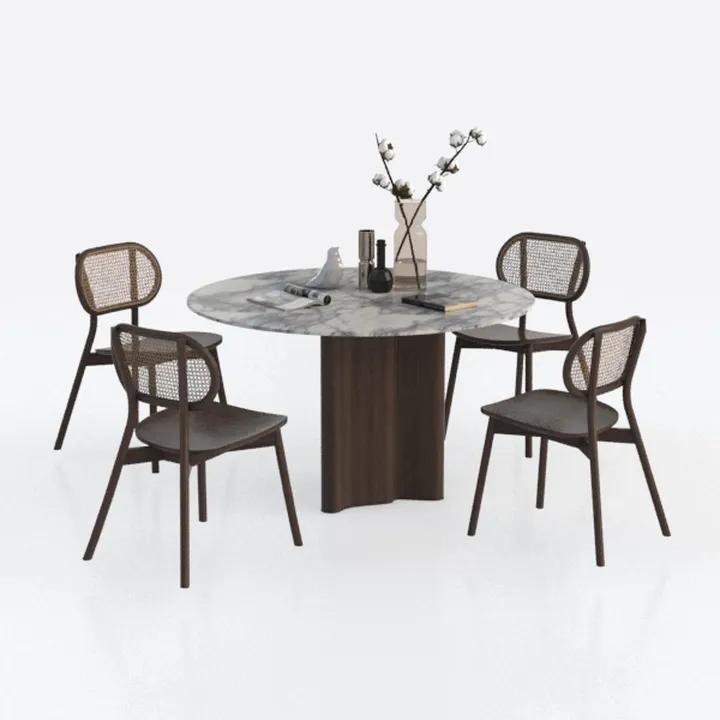 Modern Marble Top Solid Wood Cane Dining Set 3D Model