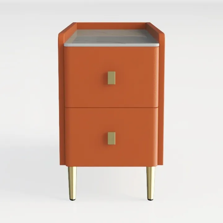 Modern Minimalist Orange Leather Marble Top Nightstand with Gold Metal Legs 3D Model