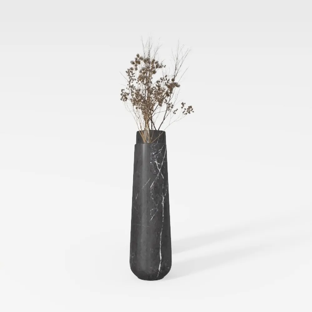 Ceramic Flower Vase, Large Matte Black, Ribbed,