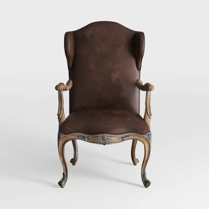 Vintage Leather Solid Wood Carved Wingback Armchair 3D Model