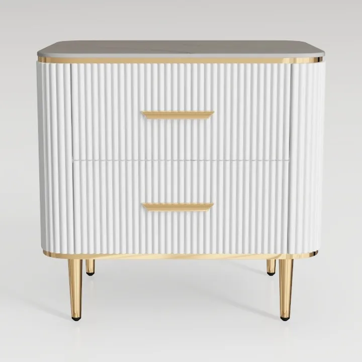 Modern Fluted White Gold Accent Nightstand with Marble Top 3D Model