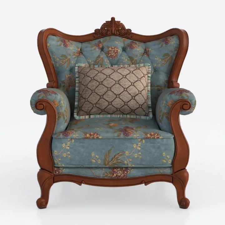 Vintage Floral Fabric Solid Wood Tufted Armchair 3D Model