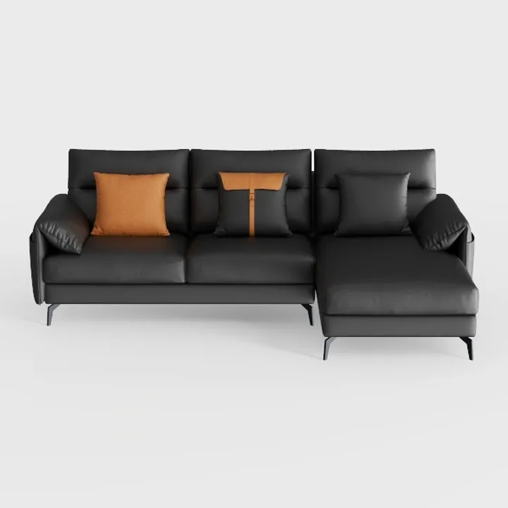Modern Black Leather L Shape Sectional Sofa with Decorative Throw Pillows 3D Model