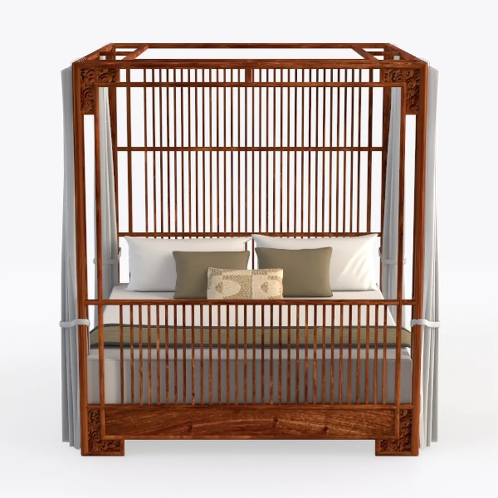 HomeStock Queen Size Canopy Bed - Rustic Wood & Ra