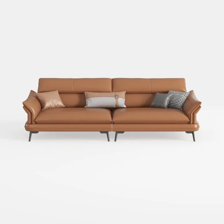 Modern Minimalist Brown Leather Living Room Sofa With Decorative Pillows 3D Model