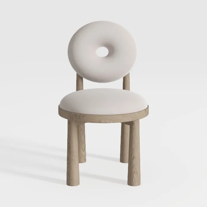 Minimalist Solid Oak Fabric Upholstered Donut Dining Chair 3D Model