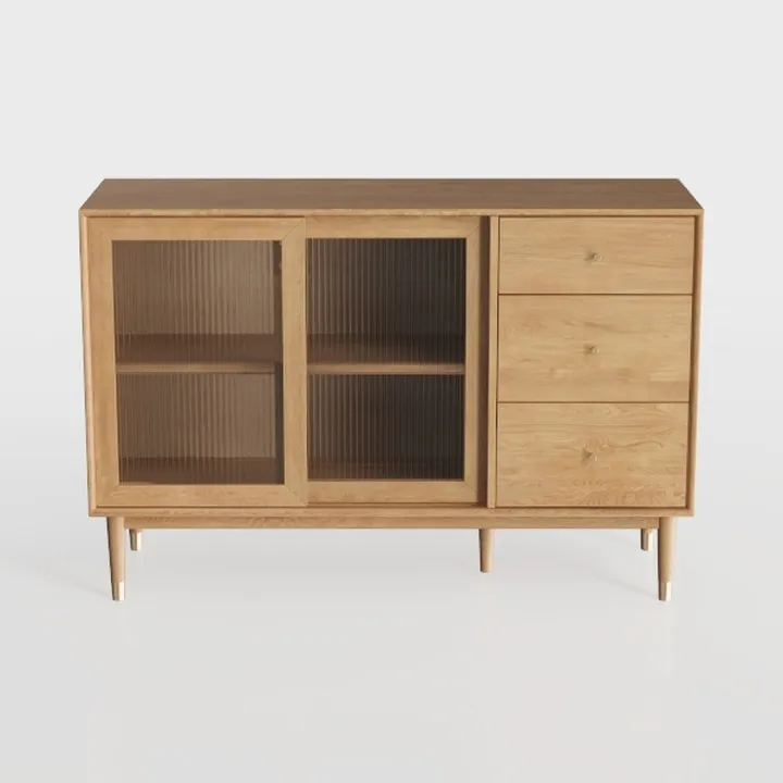 Minimalist Solid Oak Fluted Glass Sideboard Cabinet 3D Model