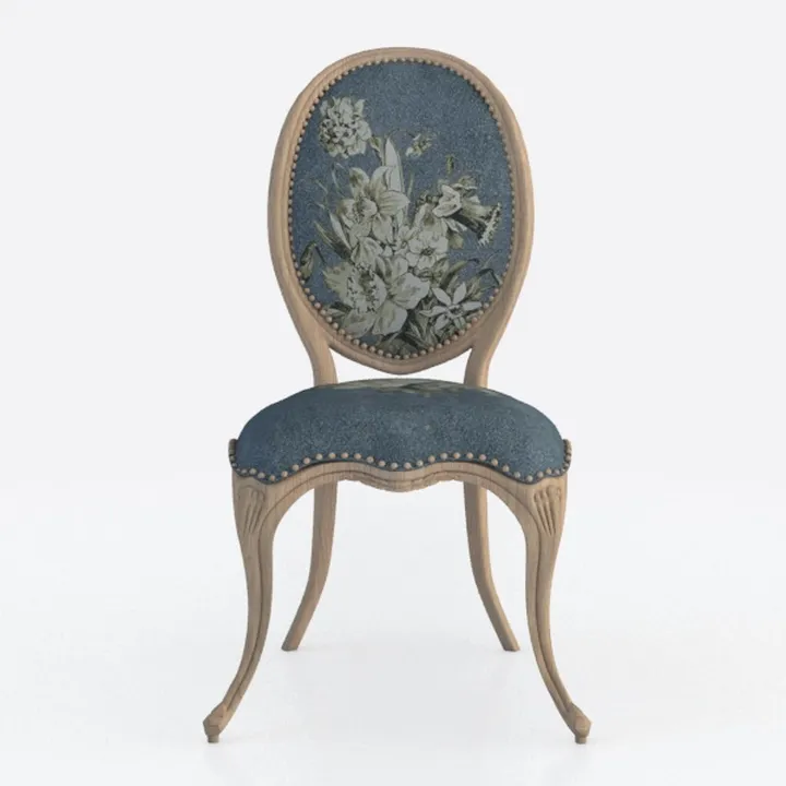 Vintage Solid Wood Floral Fabric Upholstered Dining Chair 3D Model