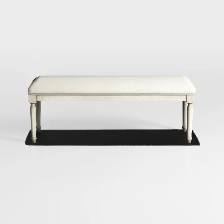 Beige French Vintage Upholstered Bench with Carved