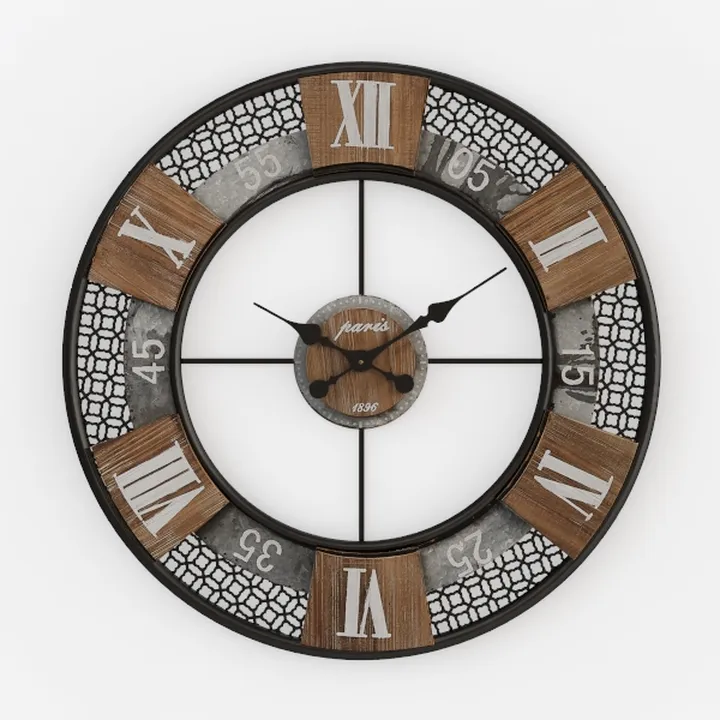 Rustic Vintage Solid Wood Metal Wall Clock 3D Model