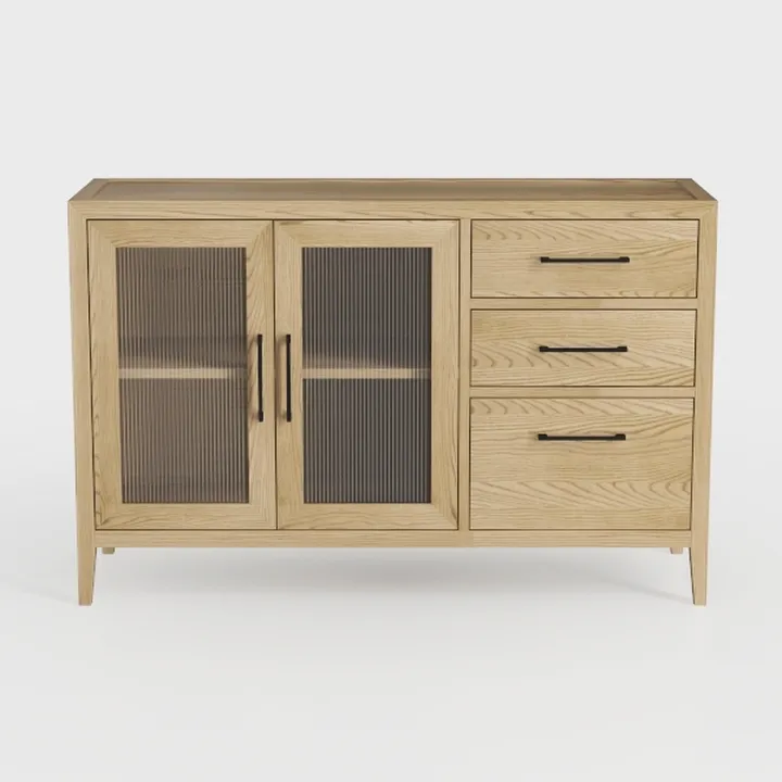 Minimalist Solid Oak Fluted Glass Door Sideboard Cabinet 3D Model