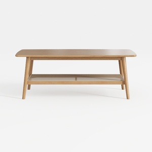 Mid-Century Solid Oak Wood Coffee Table With Lower Glass Shelf 3D Model