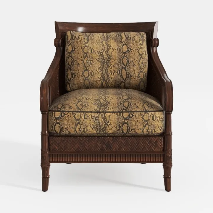 Vintage Tropical Solid Wood Rattan Fabric Armchair 3D Model