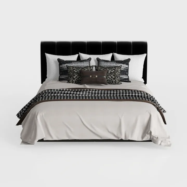 Modern Velvet Upholstered King Bed with Decorative Pillows Bedding 3D Model