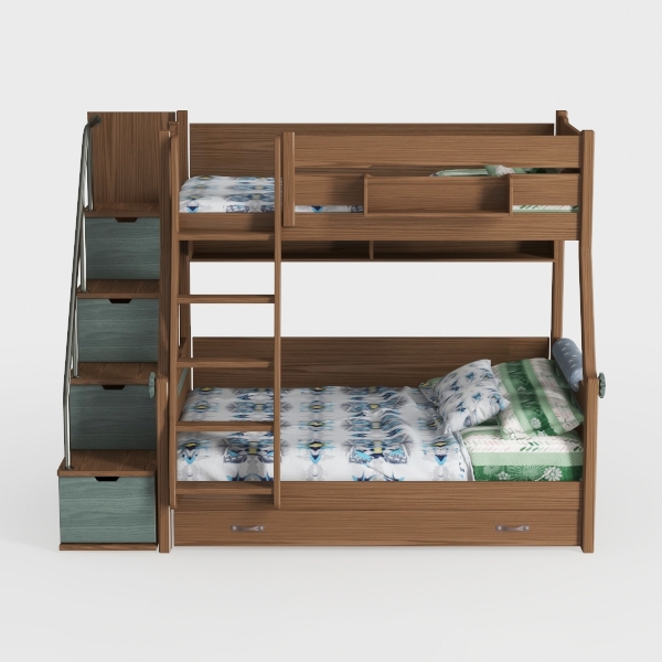 Linon Kieko Walnut Twin Over Twin Stairway Bunk Be