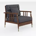 Mid Century Dark Gray Fabric Solid Wood Armchair with Brass Accents 3D Model Right 45 Degree View