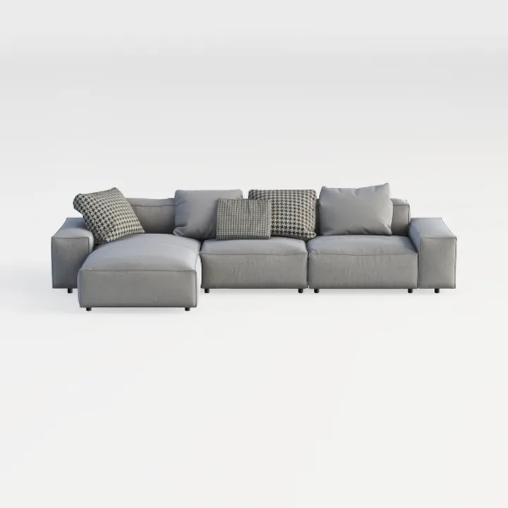 Minimalist Gray Fabric L-shaped Sectional Sofa with Throw Pillows 3D Model