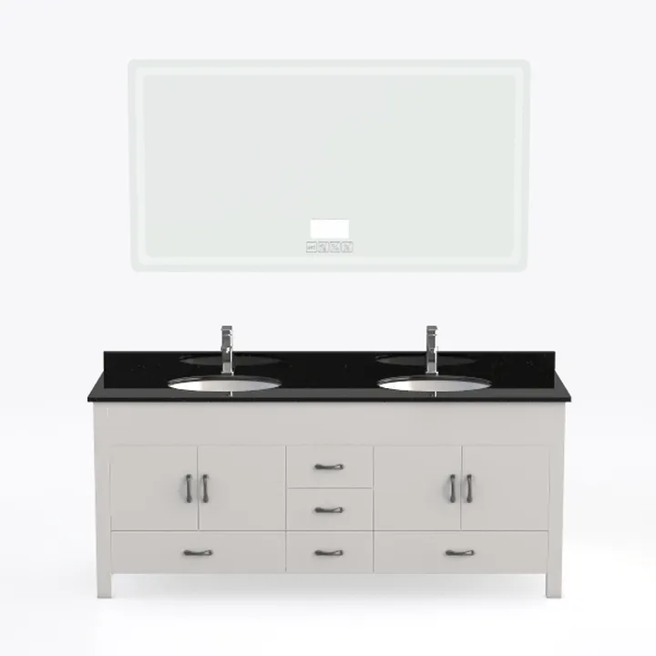 Modern Solid Wood Double Bathroom Vanity with Black Stone Top and LED Mirror 3D Model