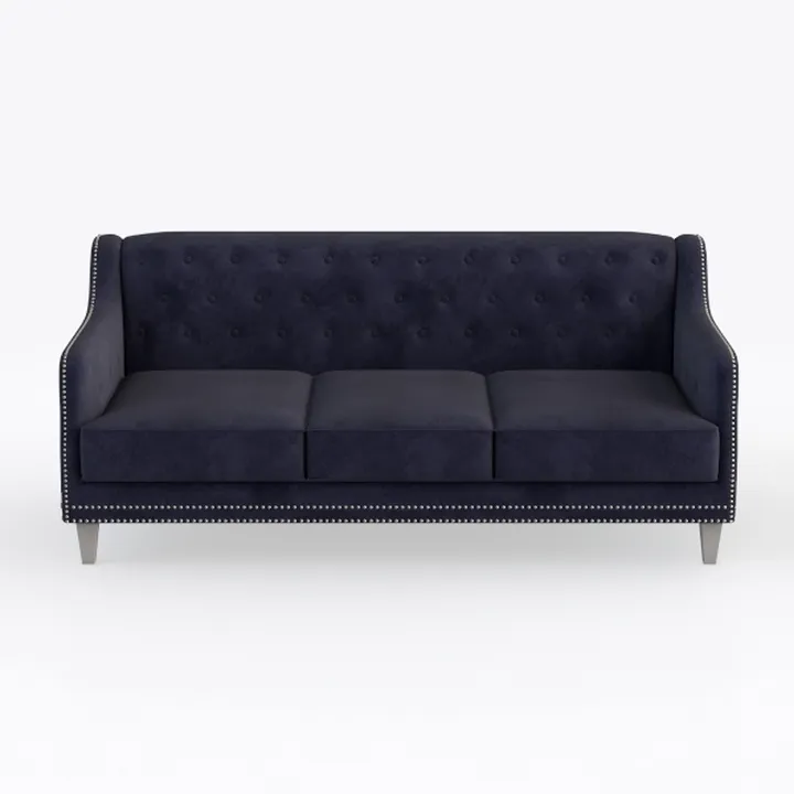 Modern Navy Velvet Tufted Nailhead Trim 3 Seater Sofa 3D Model