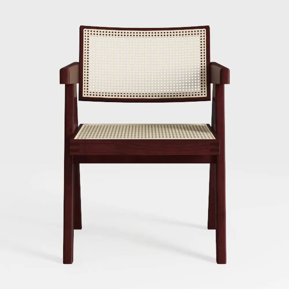 Brown Rubberwood Armless Accent Chair with PE Ratt