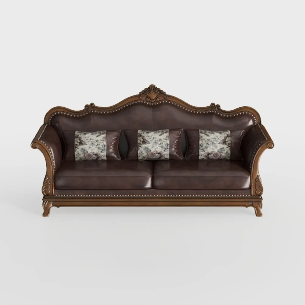 Ornate Leather Sofa Wooden Carved Frame Brown