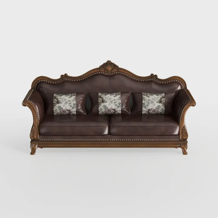 Ornate Leather Sofa Wooden Carved Frame Brown