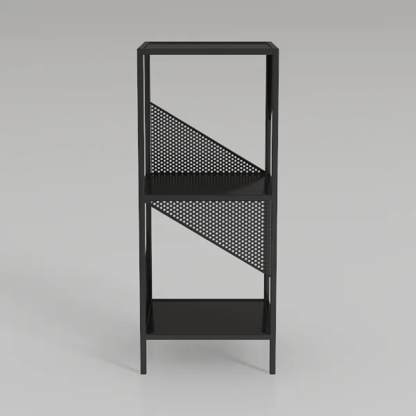 Modern Industrial Black Metal Perforated Shelving Unit 3D Model Front View
