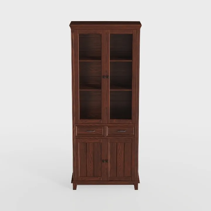 Vintage Solid Walnut Wood Display Cabinet With Glass Doors Drawers 3D Model