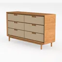 Mid Century Modern Oak Rattan 6 Drawer Dresser 3D Model Left 45 Degree View