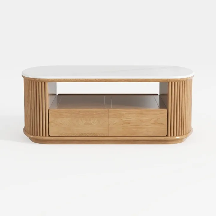 Minimalist Solid Wood Marble Top Coffee Table with Drawers 3D Model