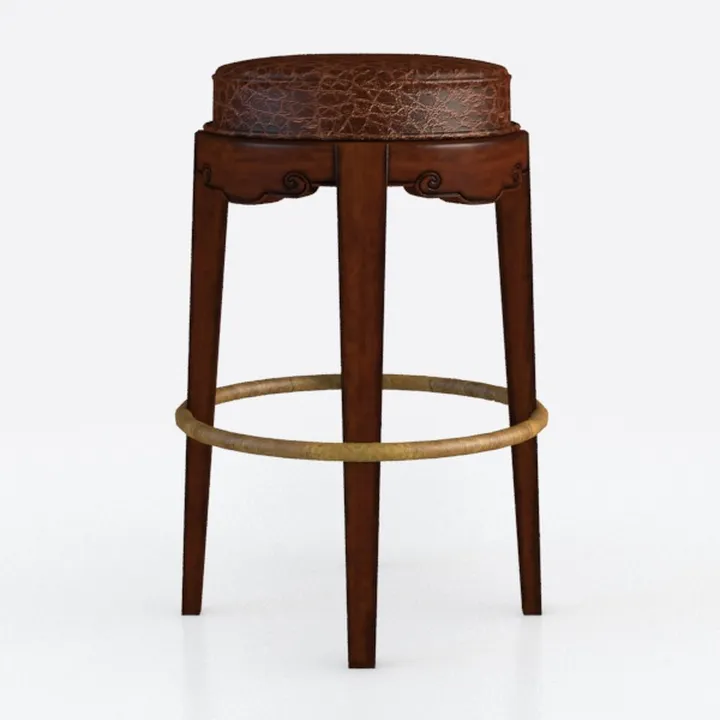 Vintage Solid Wood Leather Upholstered Backless Bar Stool 3D Model