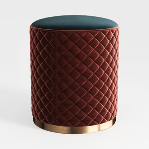 Modern Quilted Velvet Upholstered Round Ottoman with Gold Base 3D Model
