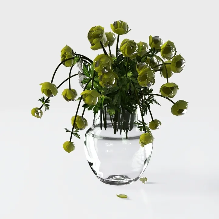 Clear Glass Vase with Green Floral Arrangement Decor 3D Model