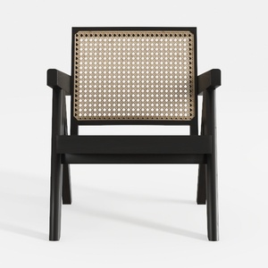 Minimalist Black Solid Wood Rattan Armchair 3D Model