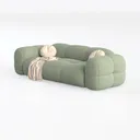 Minimalist Sage Velvet Fabric Sofa with Round Throw Pillows 3D Model Left 45 Degree View