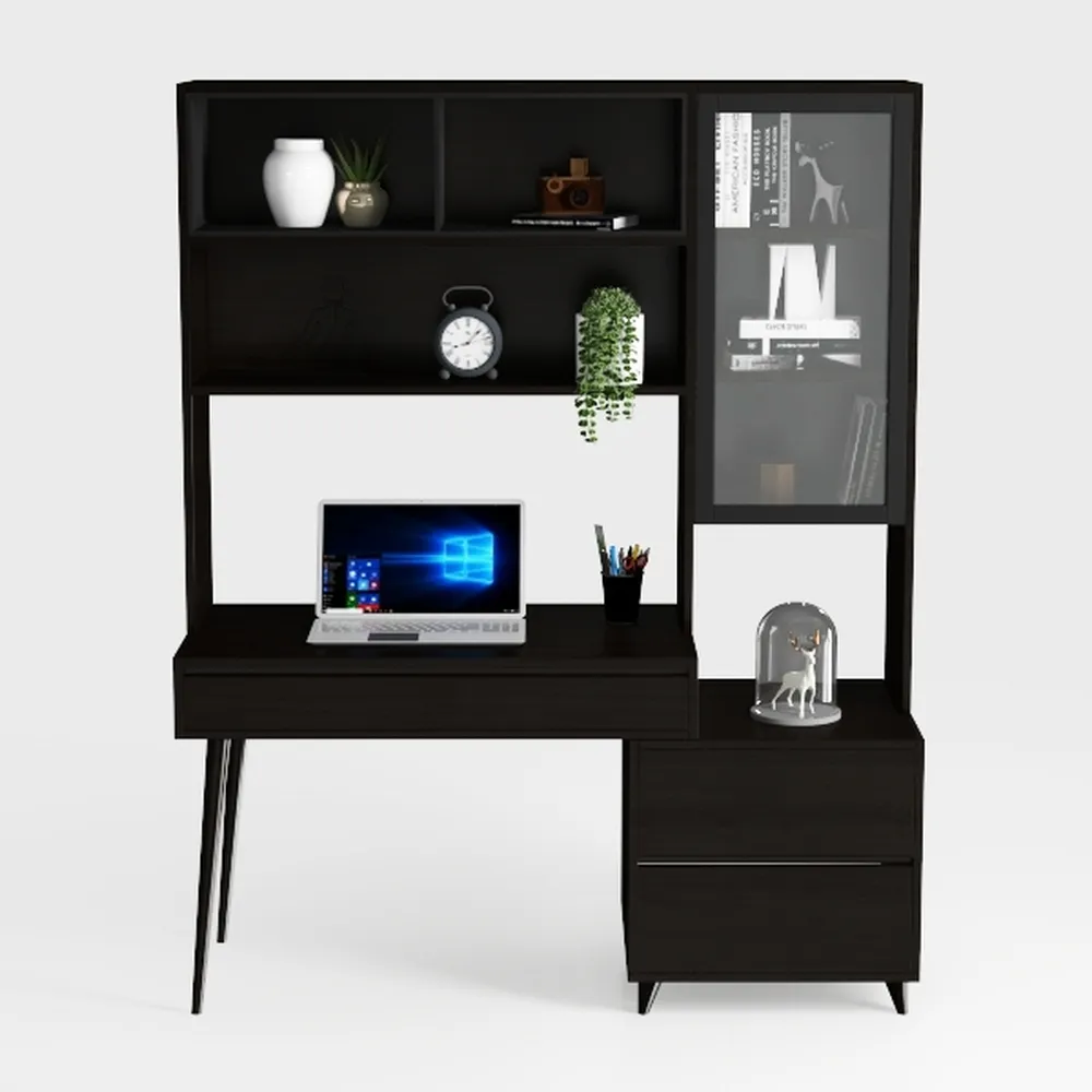 Penau 4-Shelf Computer Desk with Hutch, Modern Bla