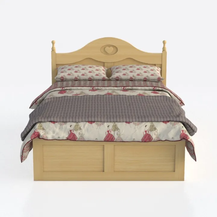 Solid Wood Romantic Double Bed with Decorative Heart Headboard 3D Model