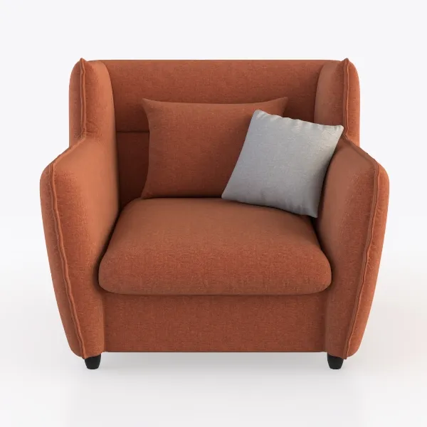 Minimalist Fabric Upholstered Armchair with Throw Pillows 3D Model Front View