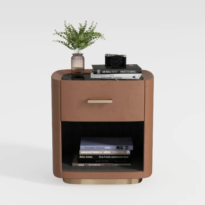 Modern Leather Marble Top Gold Accent Nightstand 3D Model