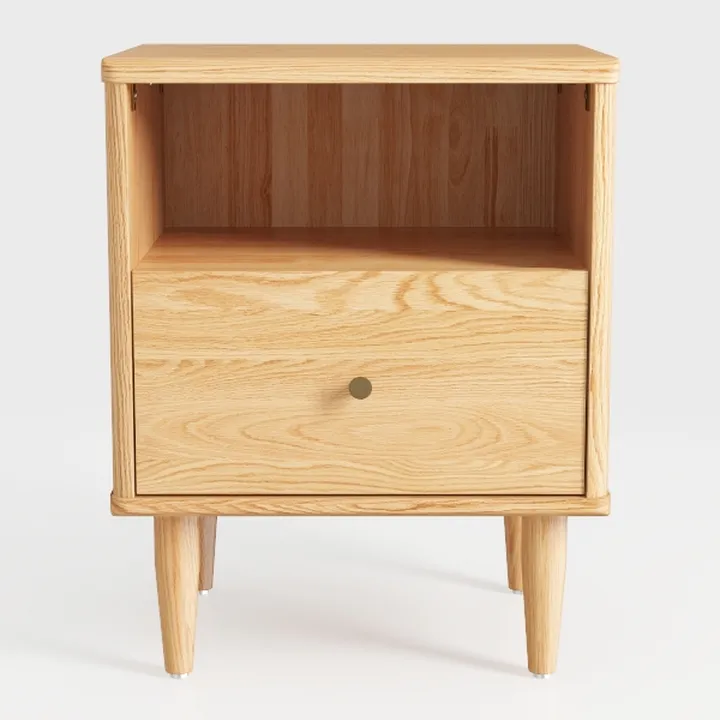 Mid Century Modern Solid Oak Nightstand with Single Drawer Open Shelf 3D Model