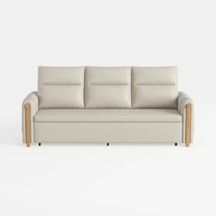 Minimalist Beige Fabric Wooden Arm Sofa Bed 3D Model