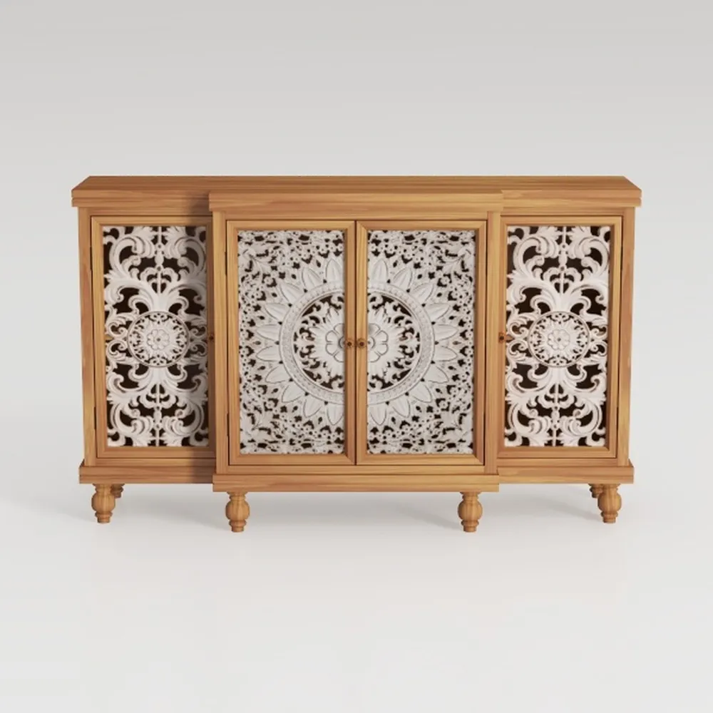 Accent Cabinet with 4 Doors, Hollow Carved Storage