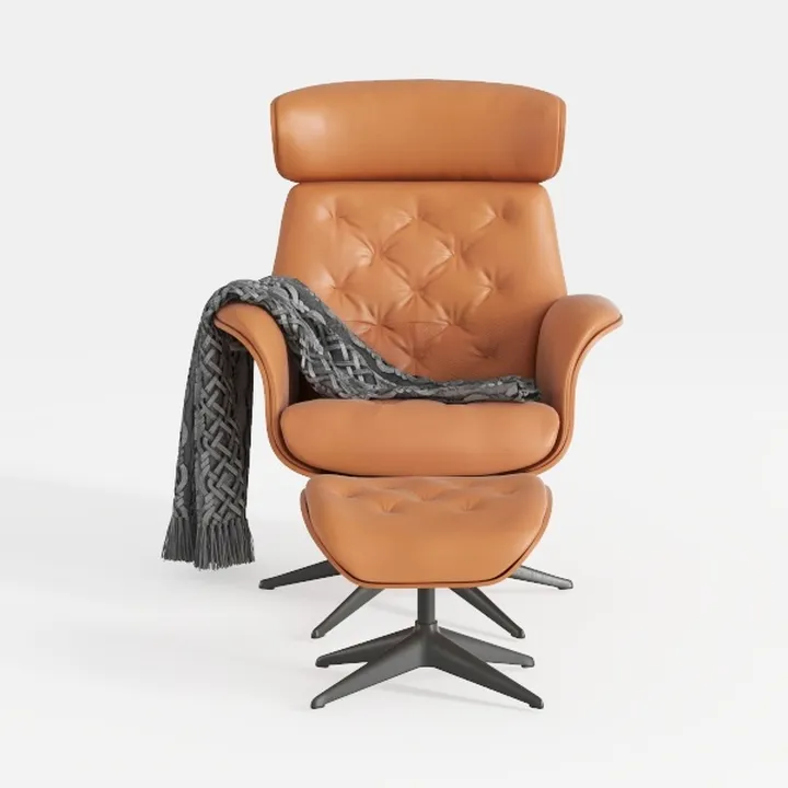 Modern Tan Leather Tufted Swivel Armchair and Ottoman 3D Model