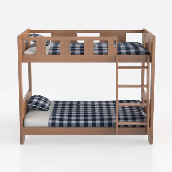 Minimalist Solid Wood Bunk Bed with Plaid Bedding 3D Model