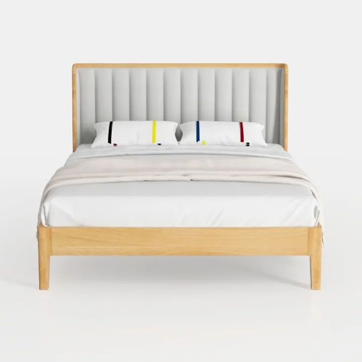Modern Oak Wood Upholstered Tufted Platform Bed 3D Model