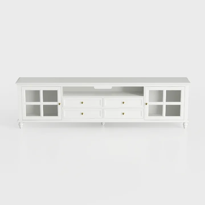 Minimalist White Solid Wood TV Stand With Glass Doors Drawers 3D Model
