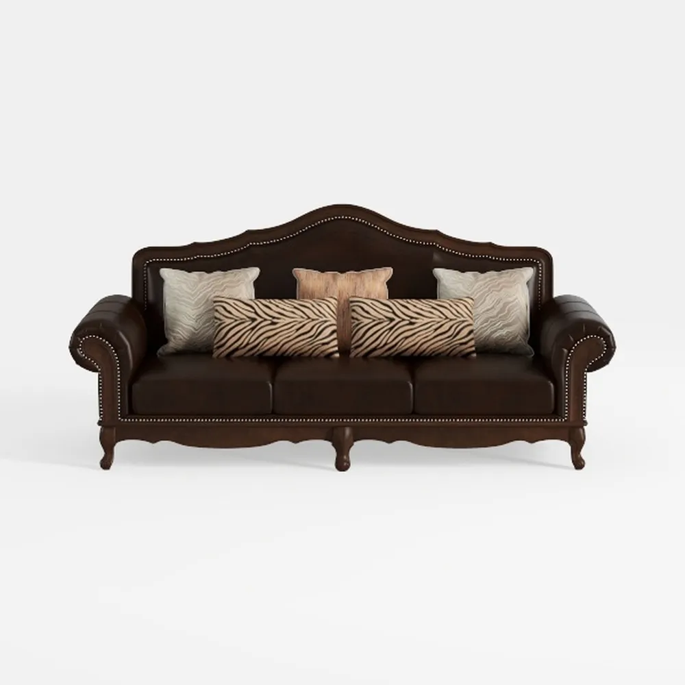 Ornate Leather Sofa Wooden Carved Frame Brown