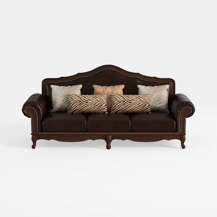 Ornate Leather Sofa Wooden Carved Frame Brown