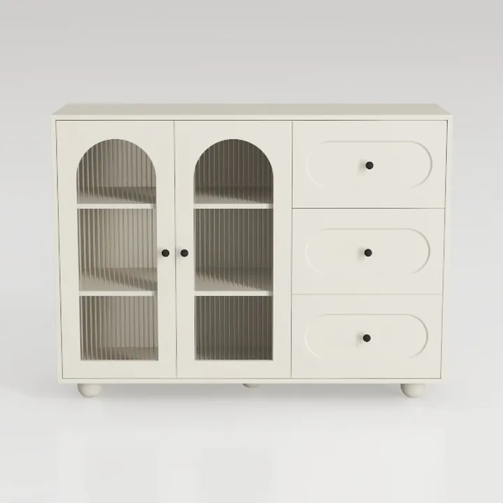 Minimalist Cream Solid Wood Glass Door Storage Cabinet 3D Model
